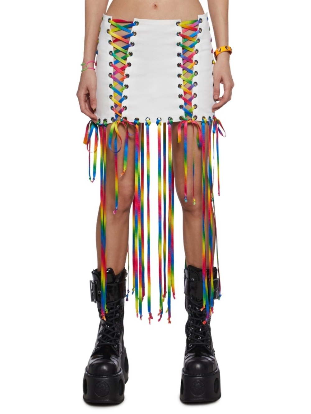White Mini Skirt with Rainbow Lace-Up Fringe